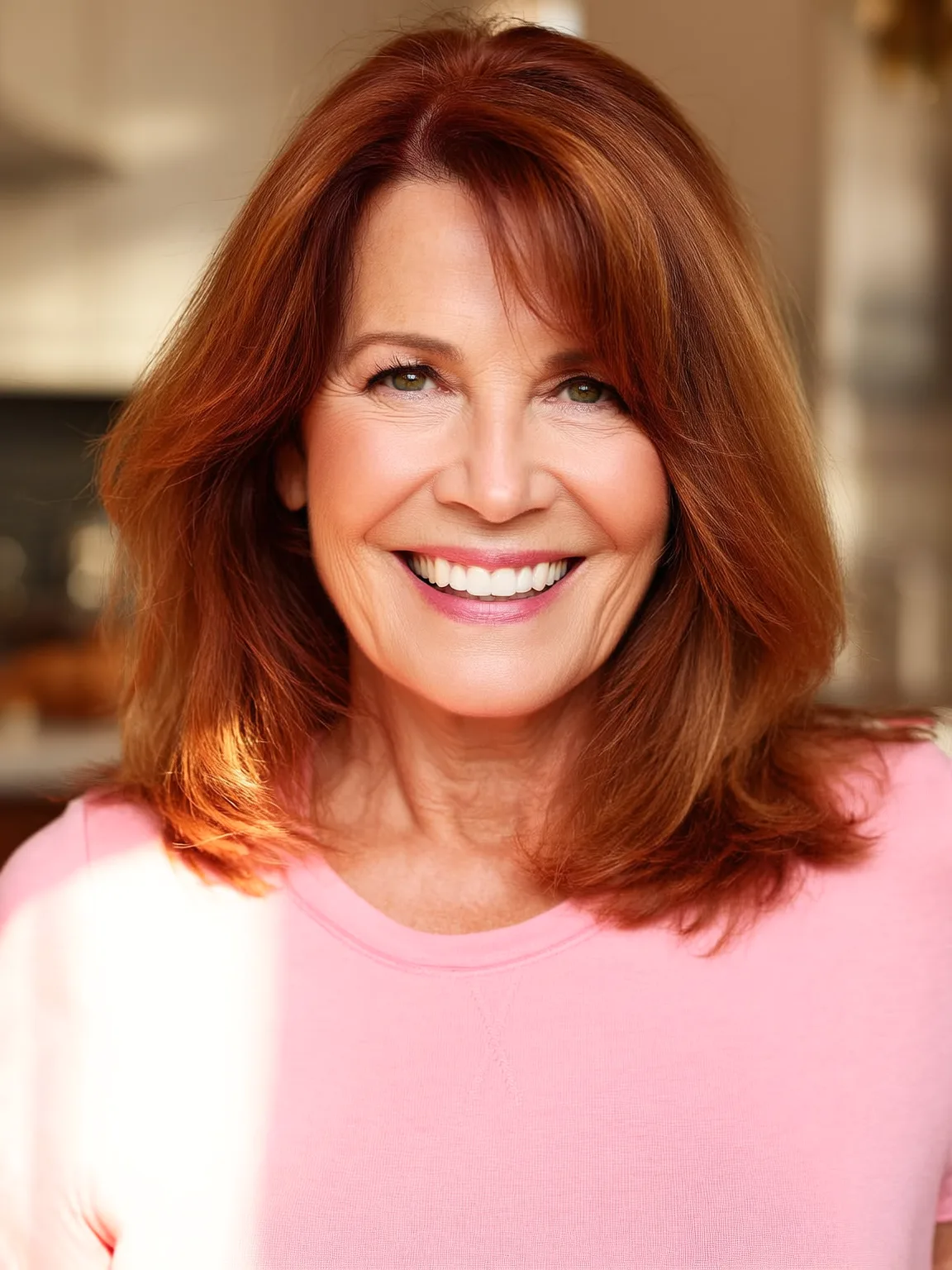Medium Straight Auburn Layers with Side-Swept Bangs